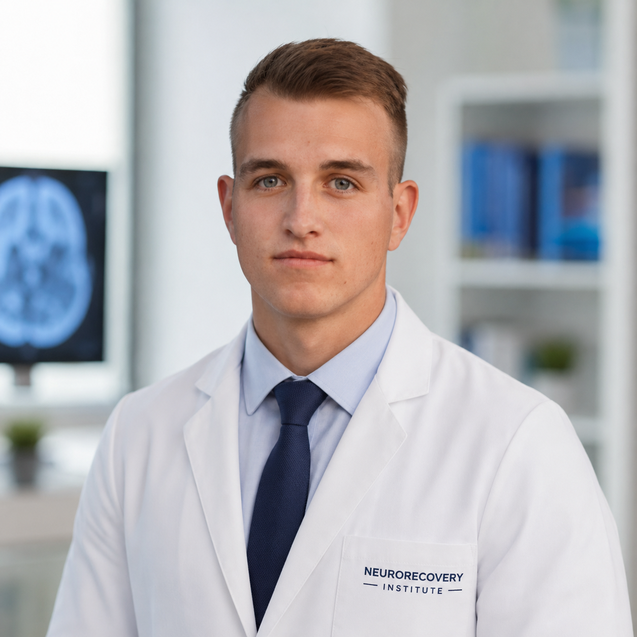 Dr. Lénárt Ádám fehér köpenyben, klinikai irodai környezetben