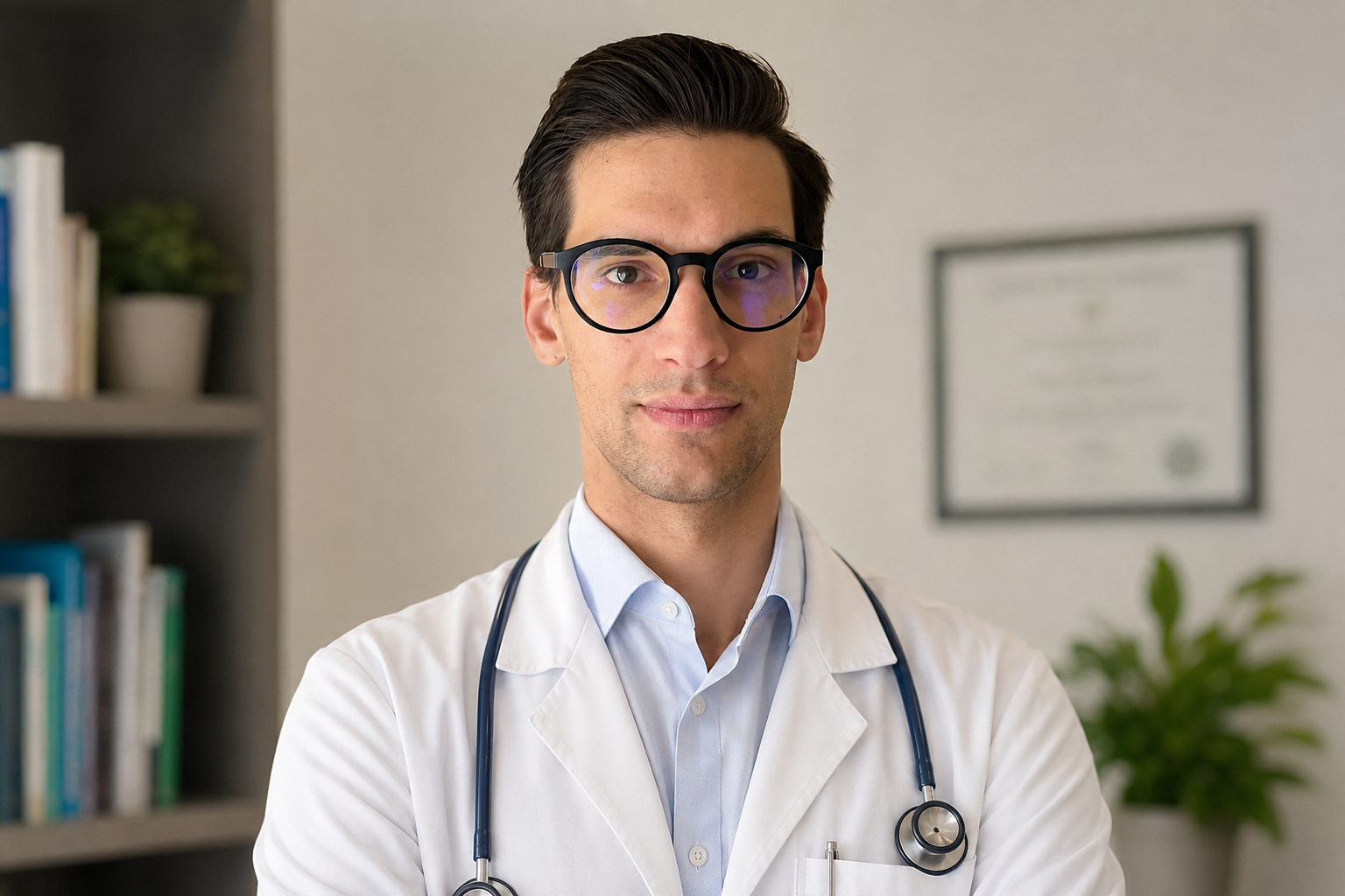 Dr. Magyar Levente fehér köpenyben, fonendoszkóppal egy klinikai irodában